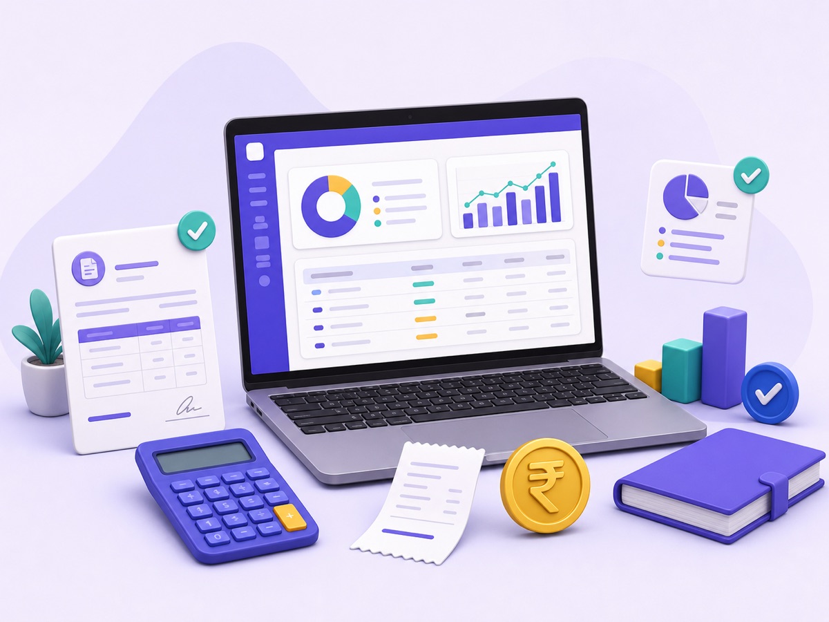 Bookkeeping software dashboard with invoices, calculator, receipt and rupee symbol