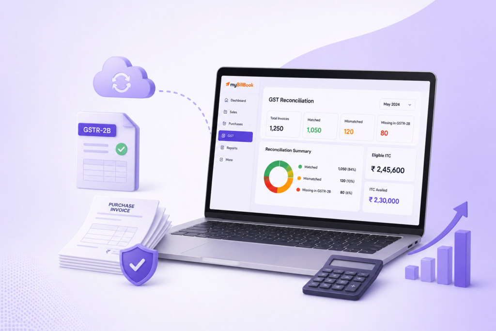 GST reconciliation software dashboard showing GSTR-2B matching, purchase invoices, ITC tracking, and GST reports in myBillBook