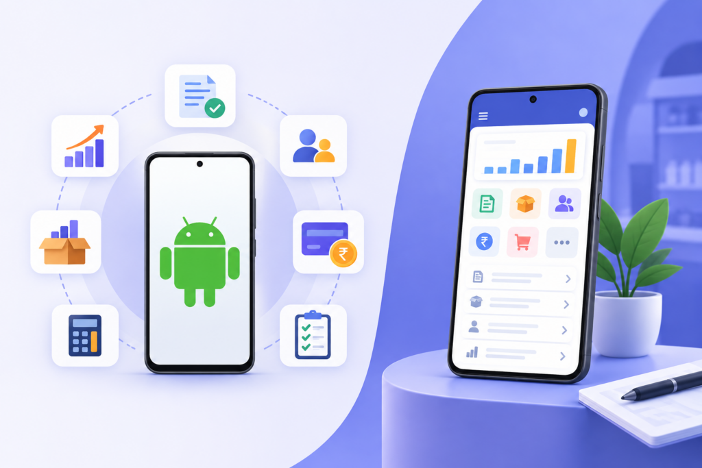 Android accounting app for managing invoices, inventory, payments and business reports on mobile.