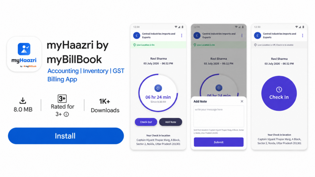 myHaazri Android app for location-based staff attendance, check-in, check-out and notes