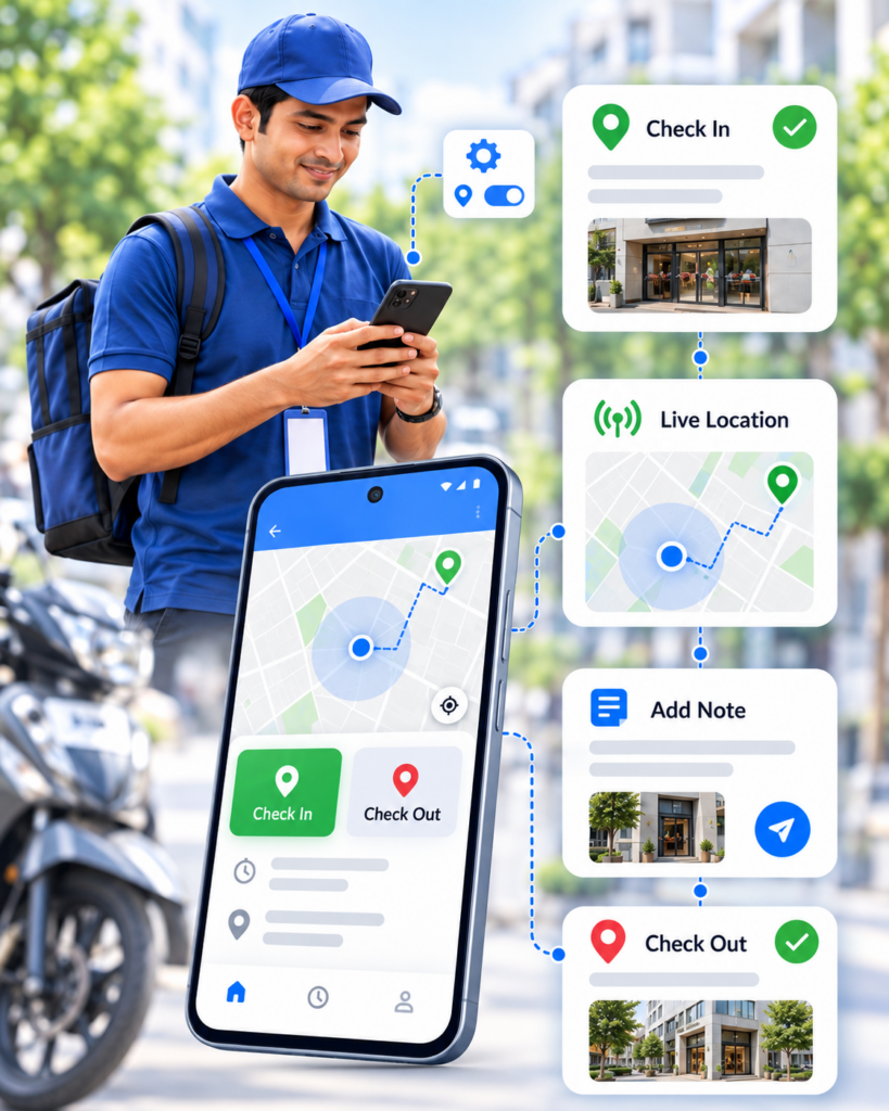 How staff check in, share live location, add notes and check out using the myHaazri app