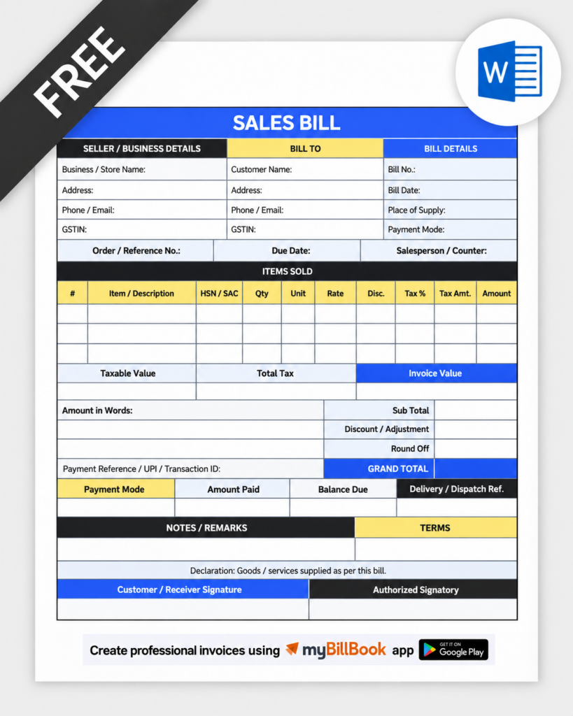 Sales Bill Format Word