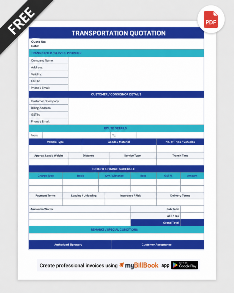 Transportation Quotation Format PDF