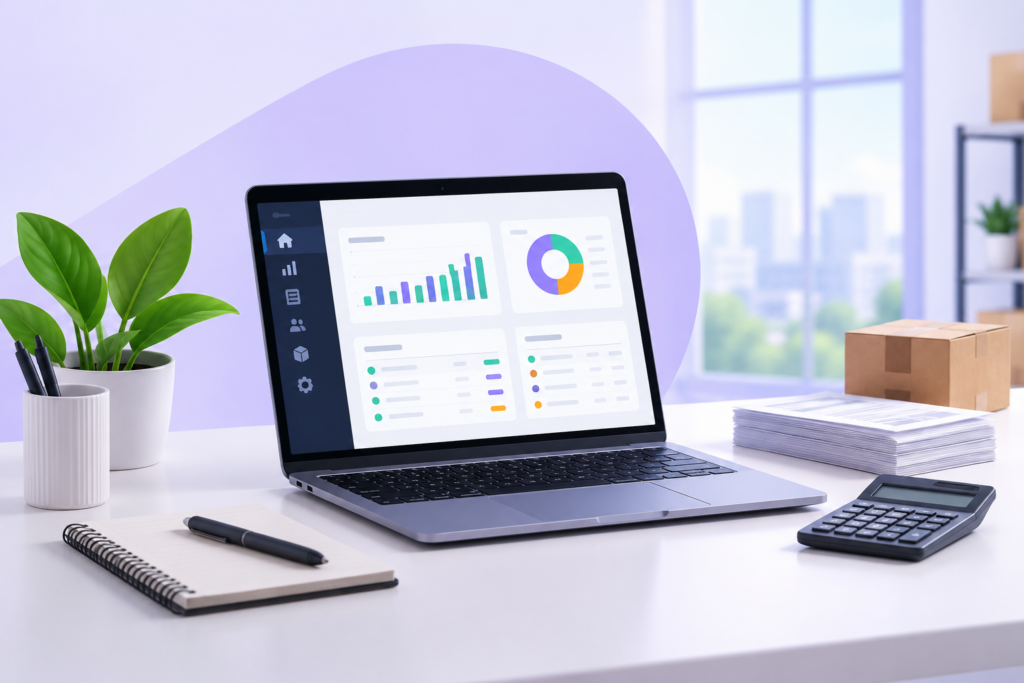 `Accounting software for PC showing business accounts, reports and financial data on a desktop dashboard`