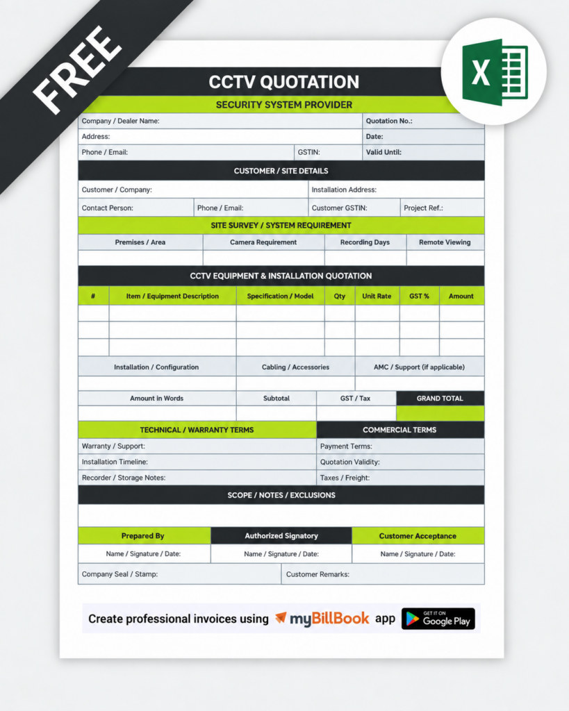 cctv quotation format in excel