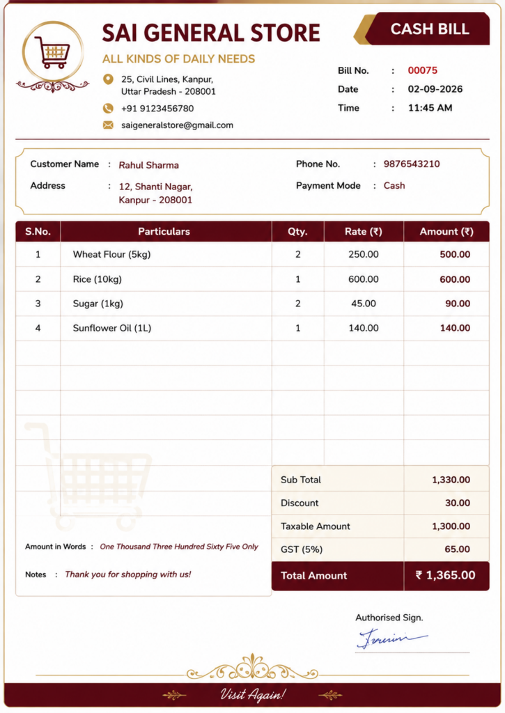 Elegant bill book design sample with maroon and gold styling, customer details, item table, GST, total amount, payment mode and authorised signature fields.