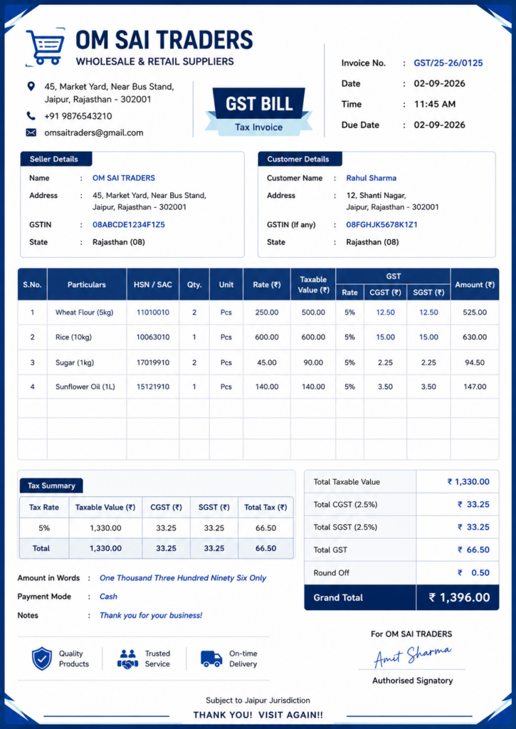 GST bill book design sample with seller and customer GSTIN, HSN/SAC codes, taxable value, CGST and SGST breakup, tax summary, grand total and authorised signatory.