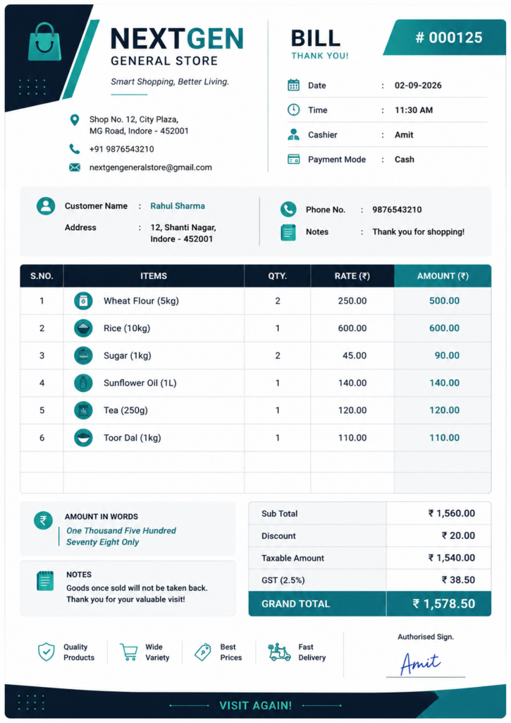 Modern bill book design sample with customer details, item table, payment information, discount, GST, grand total and authorised signature fields.