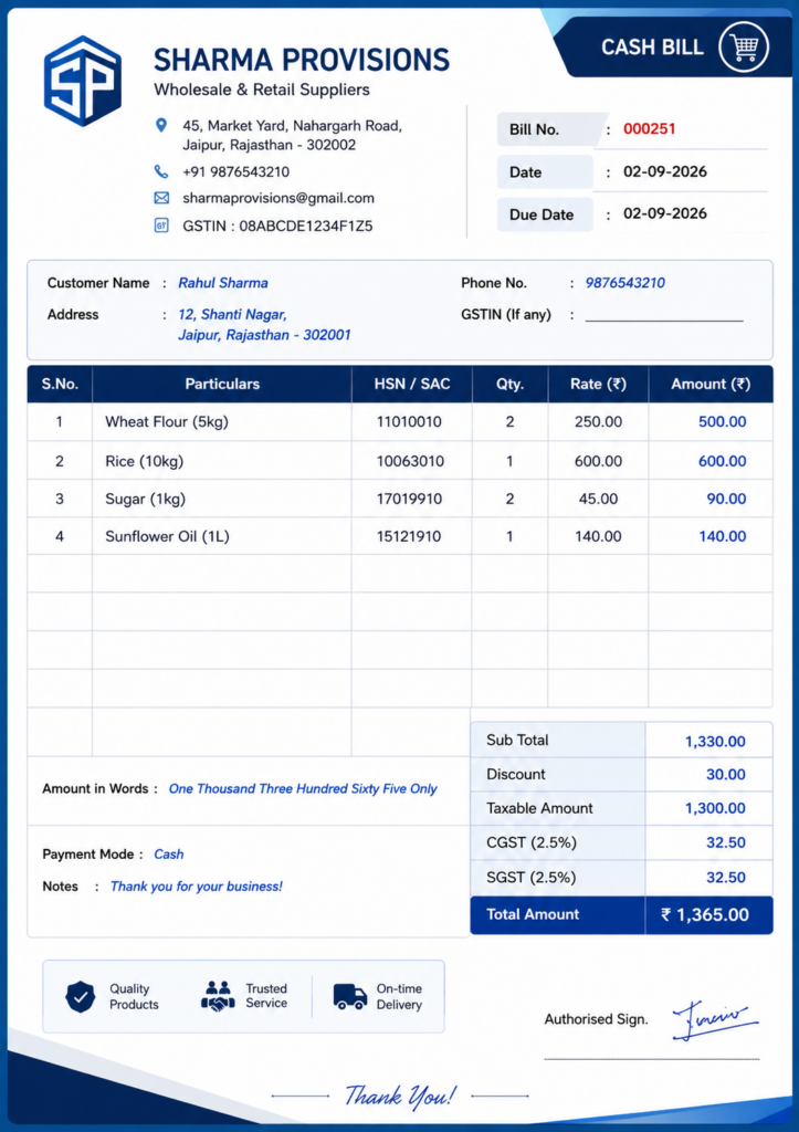 Professional bill book design sample with customer details, GSTIN, HSN/SAC, item table, tax breakup, total amount and authorised signature fields.