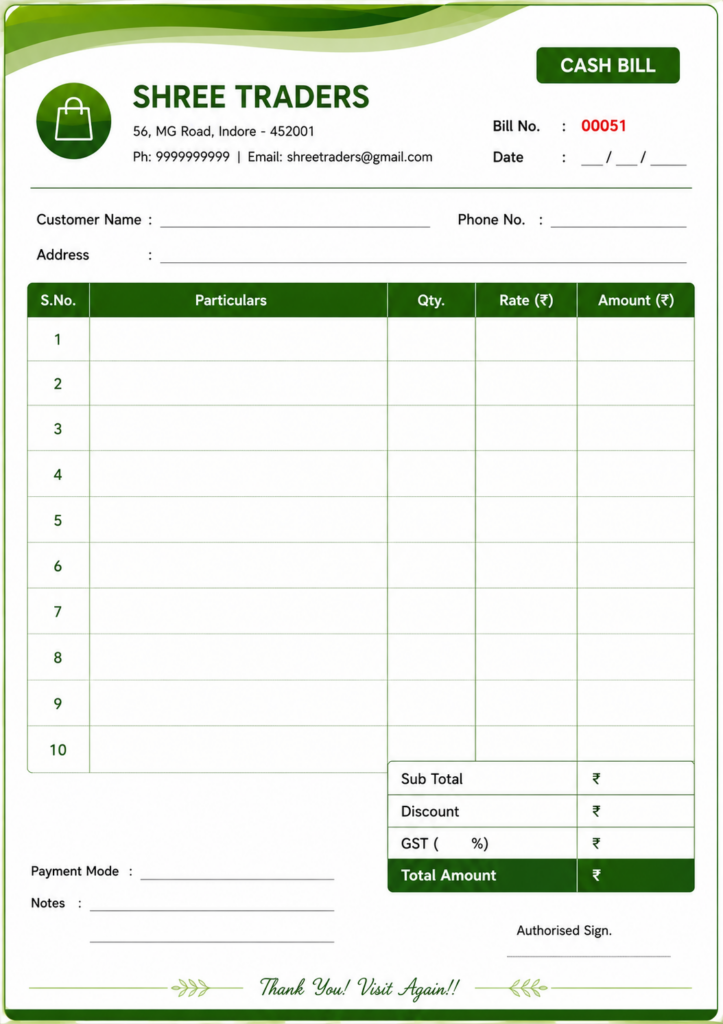 Green bill book design sample with customer details, item table, GST, discount, total amount, payment mode and authorised signature fields.