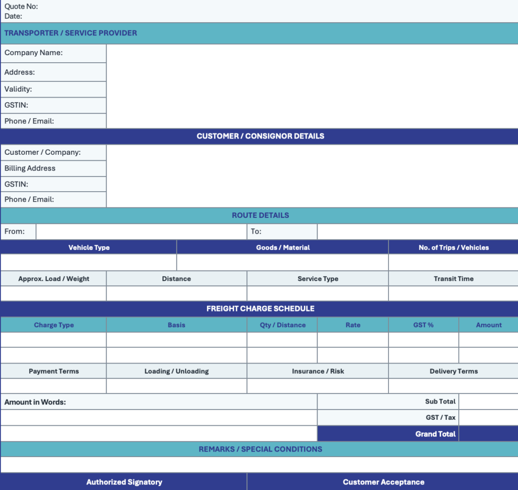 transportation quotation format sample