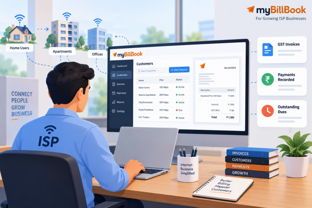 ISP billing software for managing customer invoices, GST billing, payments and outstanding dues