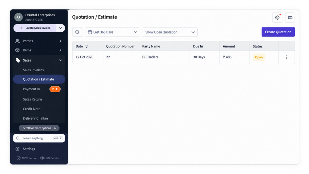 Quotation Estimate myBillBook Dashboard