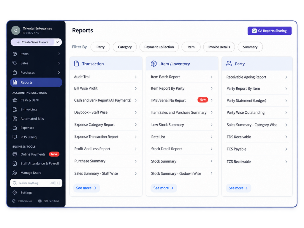 myBillBook Reports Dashboard