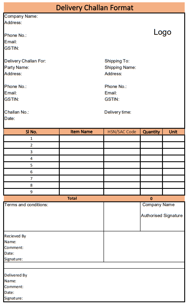 Delivery Challan Format Sample