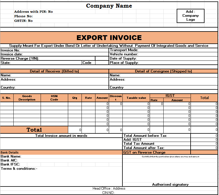 Export Invoice Format in Excel Free Download Export Invoice