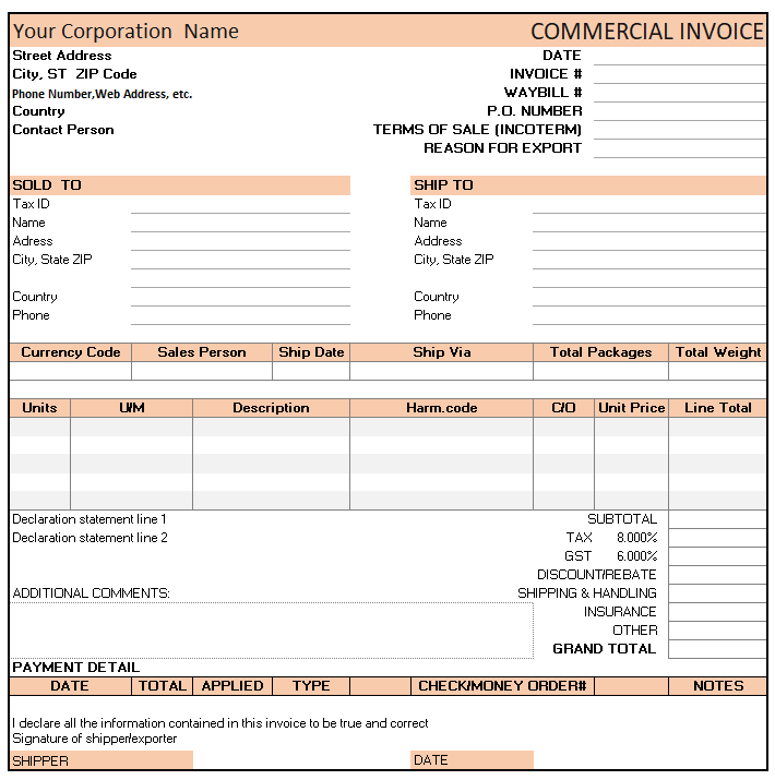 sample of export invoice format