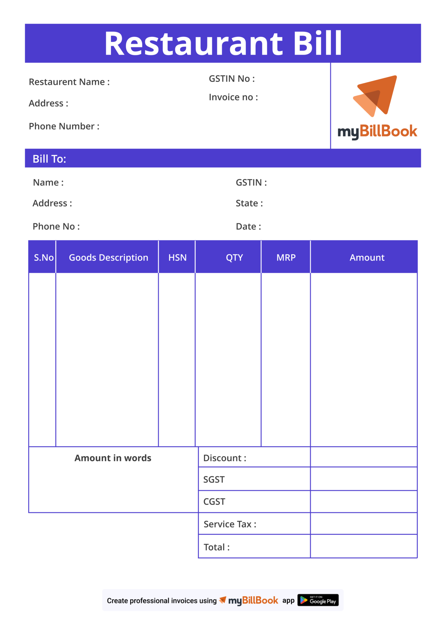 Restaurant Bill Format | Free Download in Word, Excel and PDF