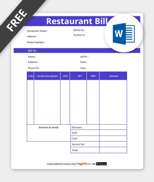 Restaurant Bill Format | Free Download in Word, Excel and PDF