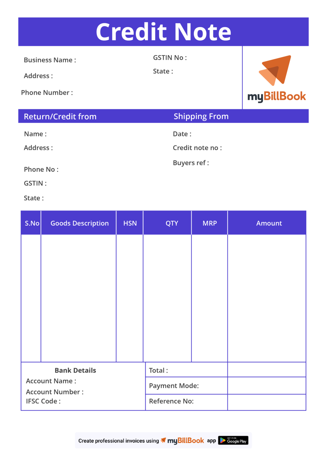 Credit Note Format In Excel Word PDF Free Download