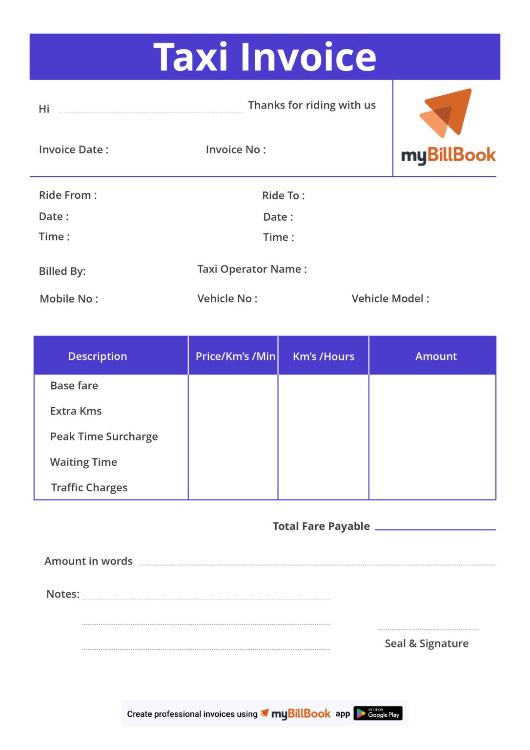 Taxi Bill Format in Excel, Word, and PDF