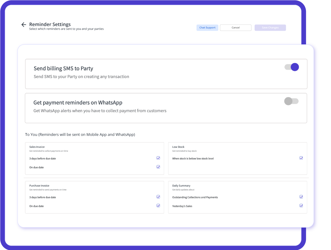 myBillBook reminder settings for billing SMS and WhatsApp alerts
