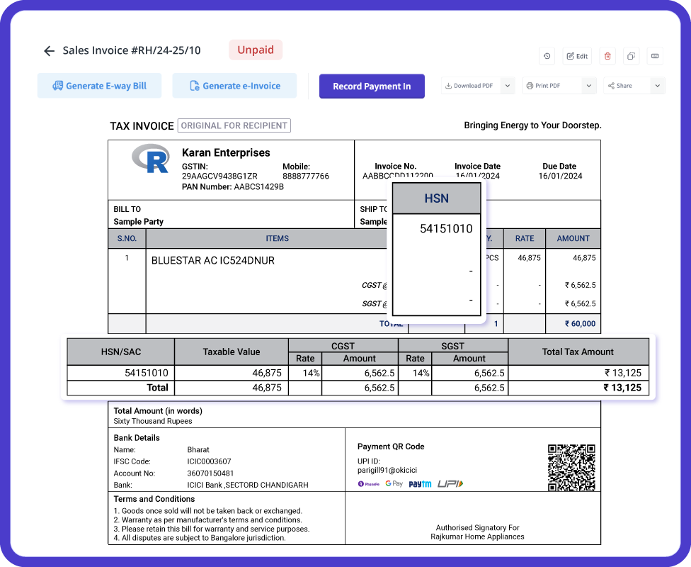 GST invoice generated with automatic HSN code and tax calculations for faster retail billing