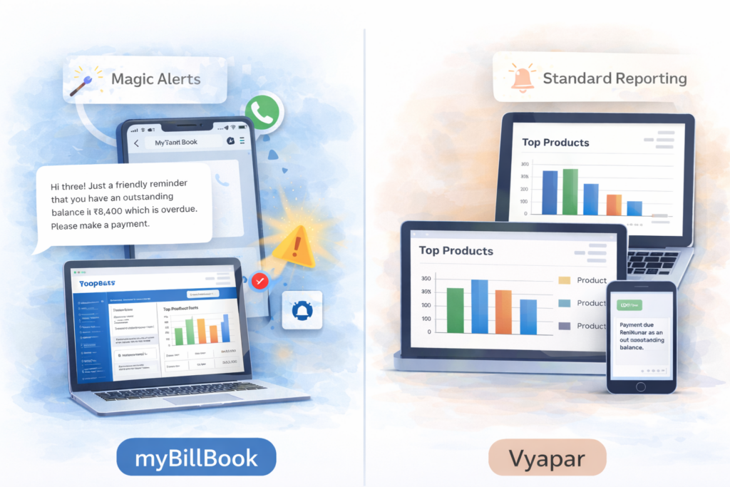 Side-by-side illustration comparing myBillBook’s automated payment reminders and smart dashboard “Magic Alerts” with Vyapar’s standard reporting and basic payment notifications on desktop and mobile devices.