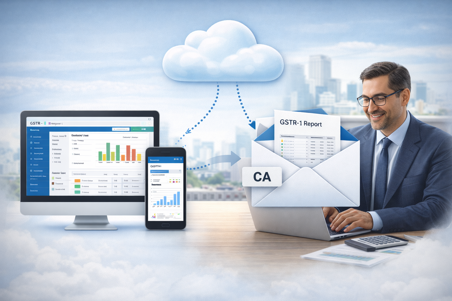 Alt text: Illustration showing automatic GSTR-1 report sharing from myBillBook to a Chartered Accountant via cloud, with invoice data on laptop and mobile instantly delivered to the CA without manual download or email.