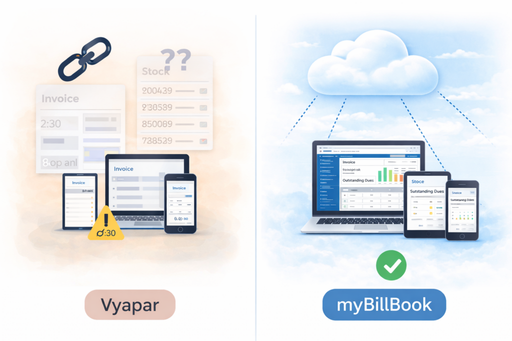 Alt text: Side-by-side comparison illustration showing Vyapar’s offline-first setup with sync delays and warning icons versus myBillBook’s cloud-first infrastructure with real-time data sync across laptop, tablet, and mobile devices.