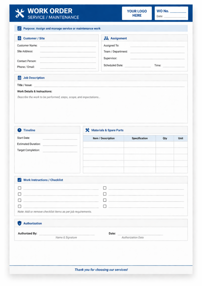 Download Free Work Order Format (Word, Excel, PDF)