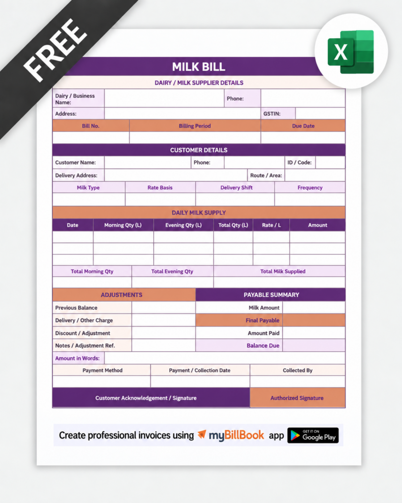 Milk Bill Format Excel