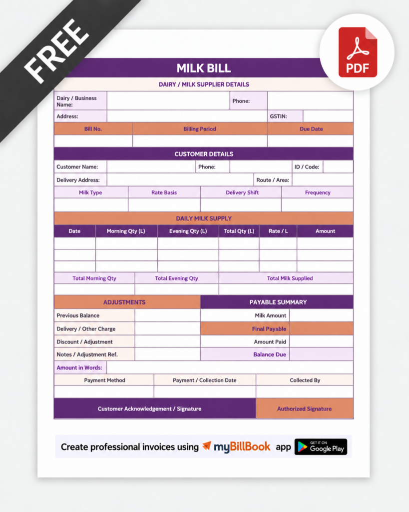 Milk Bill Format PDF