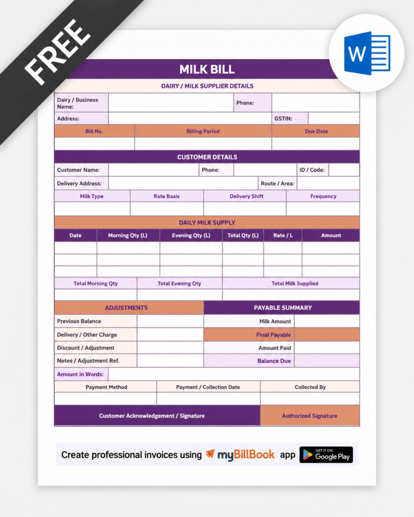 Milk Bill Format Word