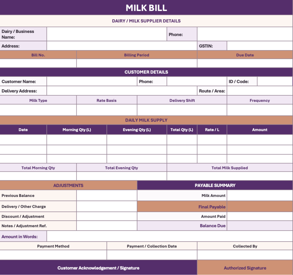Sample Milk Bill Format
