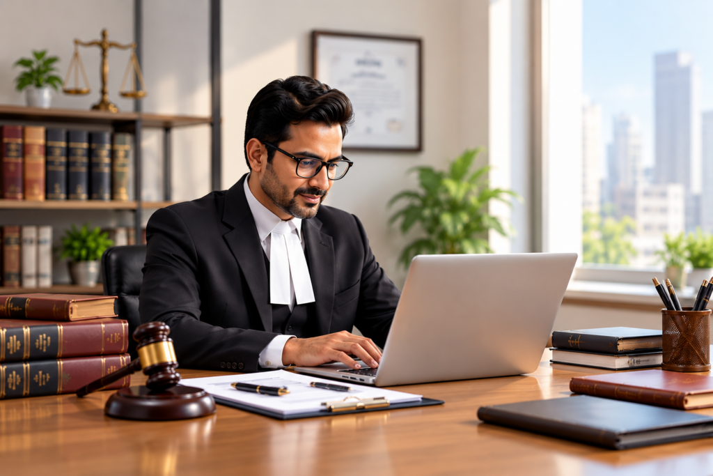 Lawyer using legal billing software to manage client invoices and professional fees