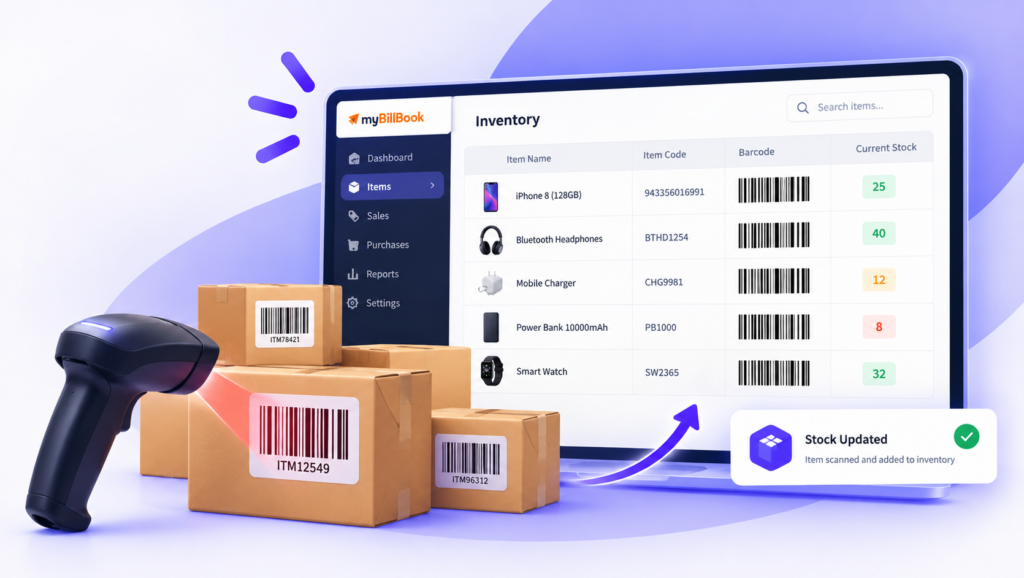 barcode-based workflows alongside myBillBook’s inventory system