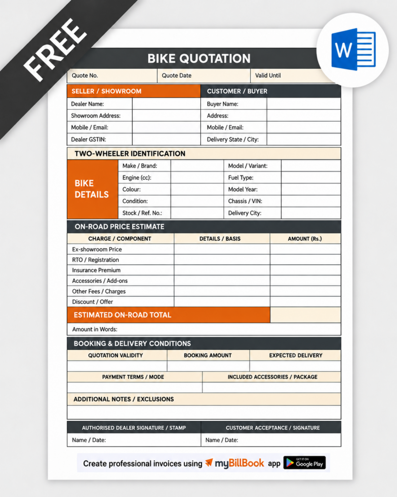Bike Quotation Format Word