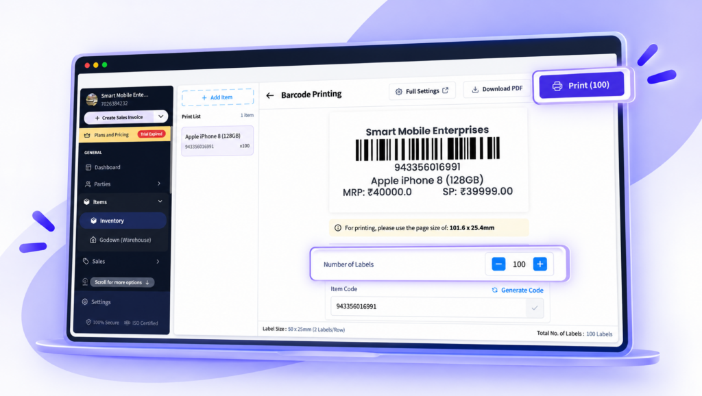 myBillBook supports printing up to 100 barcode labels per item in one workflow.