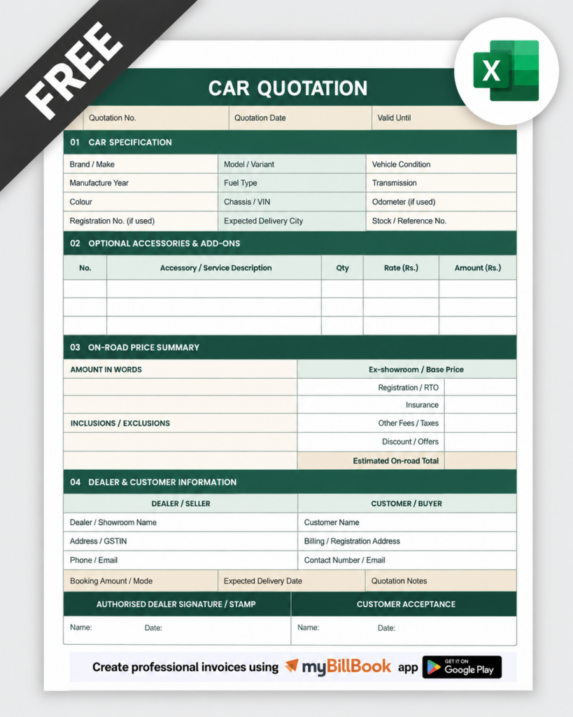 Car Quotation Format Excel