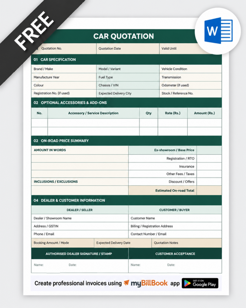 Car Quotation Format Word