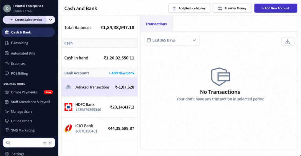Cash & Bank feature mybillbook Dashboard