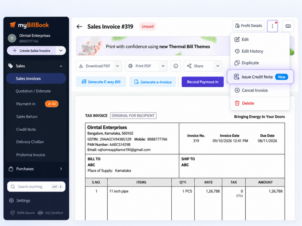 Credit Note myBillBook Dashboard