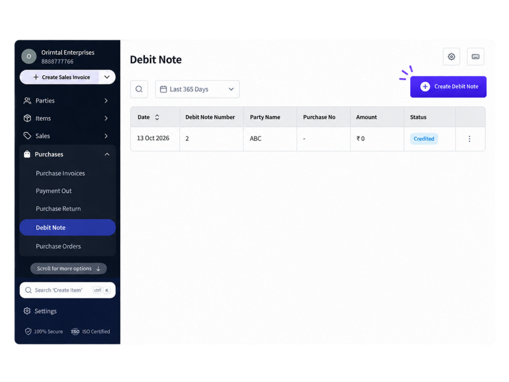 Debit Note myBillBook Dashboard