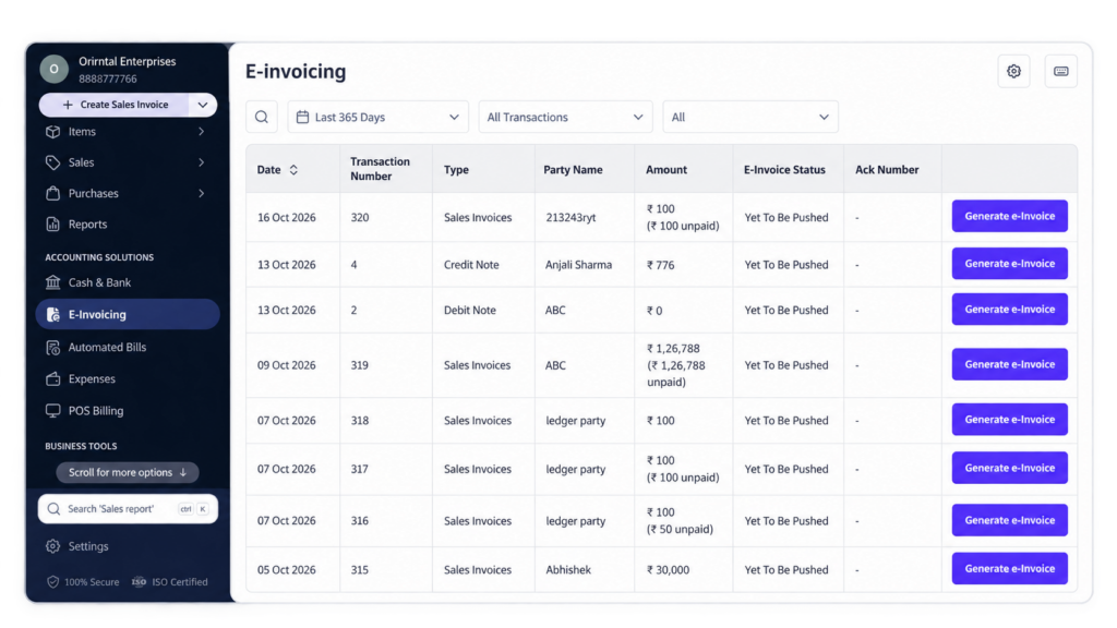 E-Invoicing myBillBook Dashboard