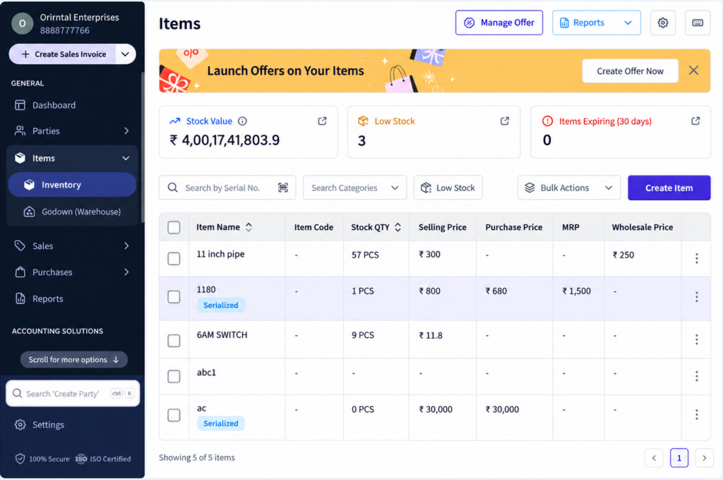 Inventory Feature myBillBook Dashboard