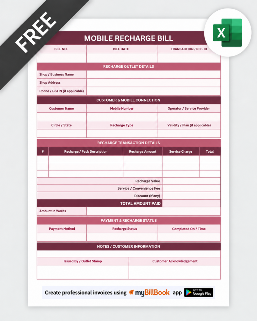 Mobile Recharge Bill Format Excel