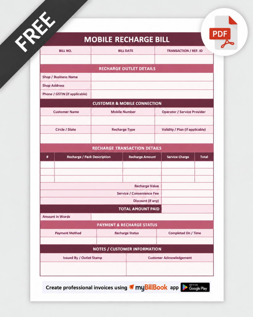Mobile Recharge Bill Format PDF