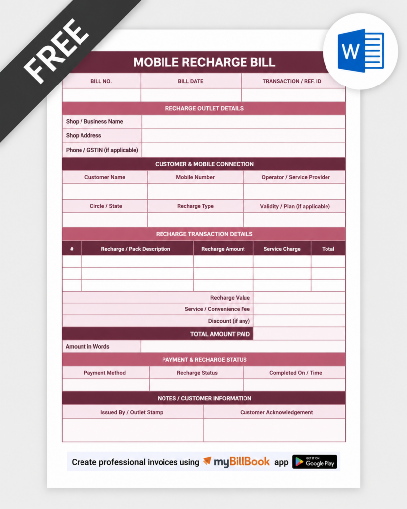Mobile Recharge Bill Format Word