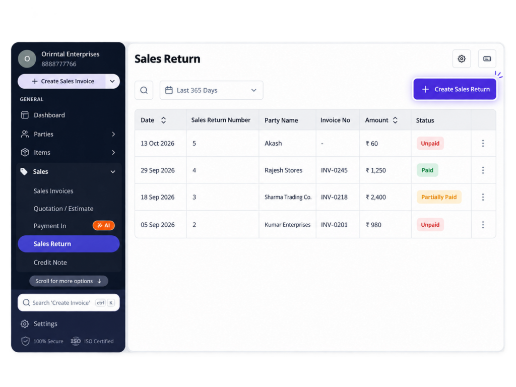 Sales Return Feature myBillBook